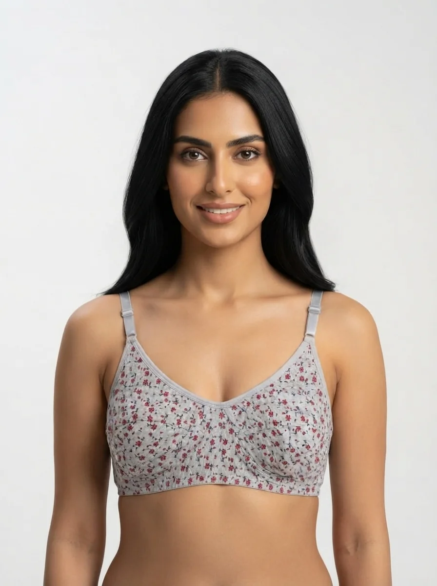 Arab_woman_wearing_gray_bra_202607170704_2 Women's Premium Turkish Cotton Wire-Free Seamed Bra with Ditsy Floral Print - Image 1