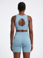 Women's Seamless Ribbed Notched-Neck Crop Top & Biker Shorts Set - Image 2