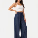 Women's Wide-Leg Denim Blue Casual Trousers
