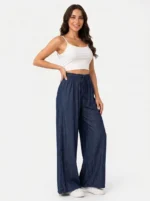 Women's Wide-Leg Denim Blue Casual Trousers