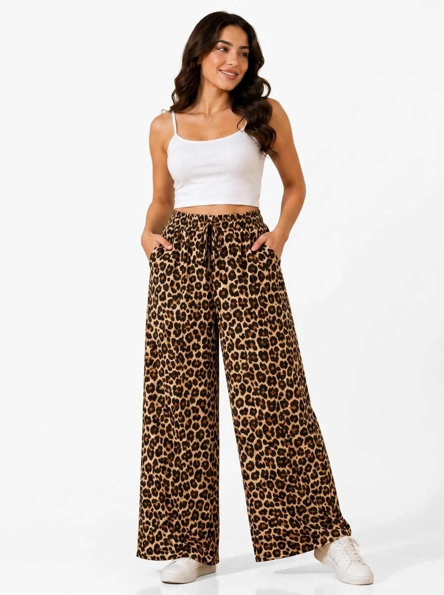 Female_model_wearing_leopard_pants_202607131048 Women's Wide-Leg Leopard Print Casual Trousers - Image 1