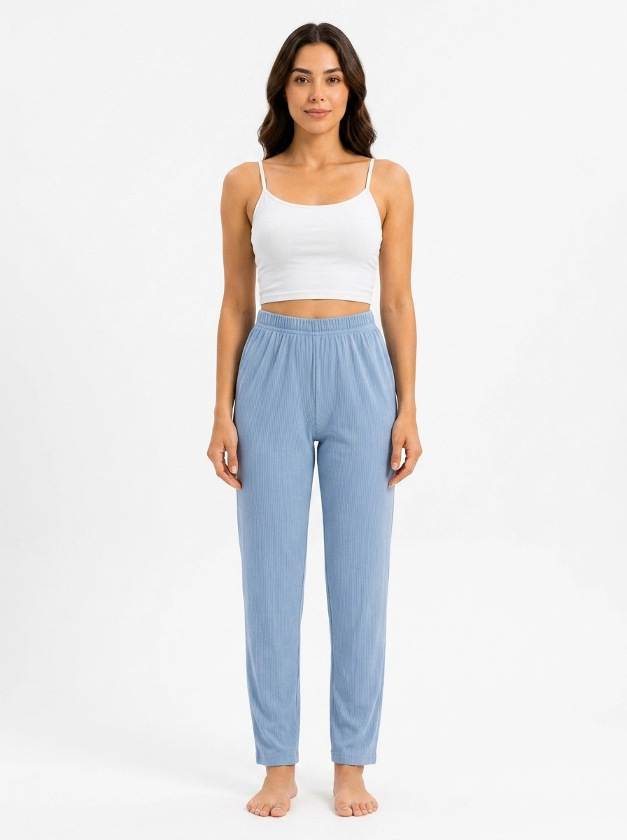 Female_model_wearing_pajama_pants_202607131117 (1) Women's Ribbed Elastic-Waist Casual Lounge Pants - Image 1