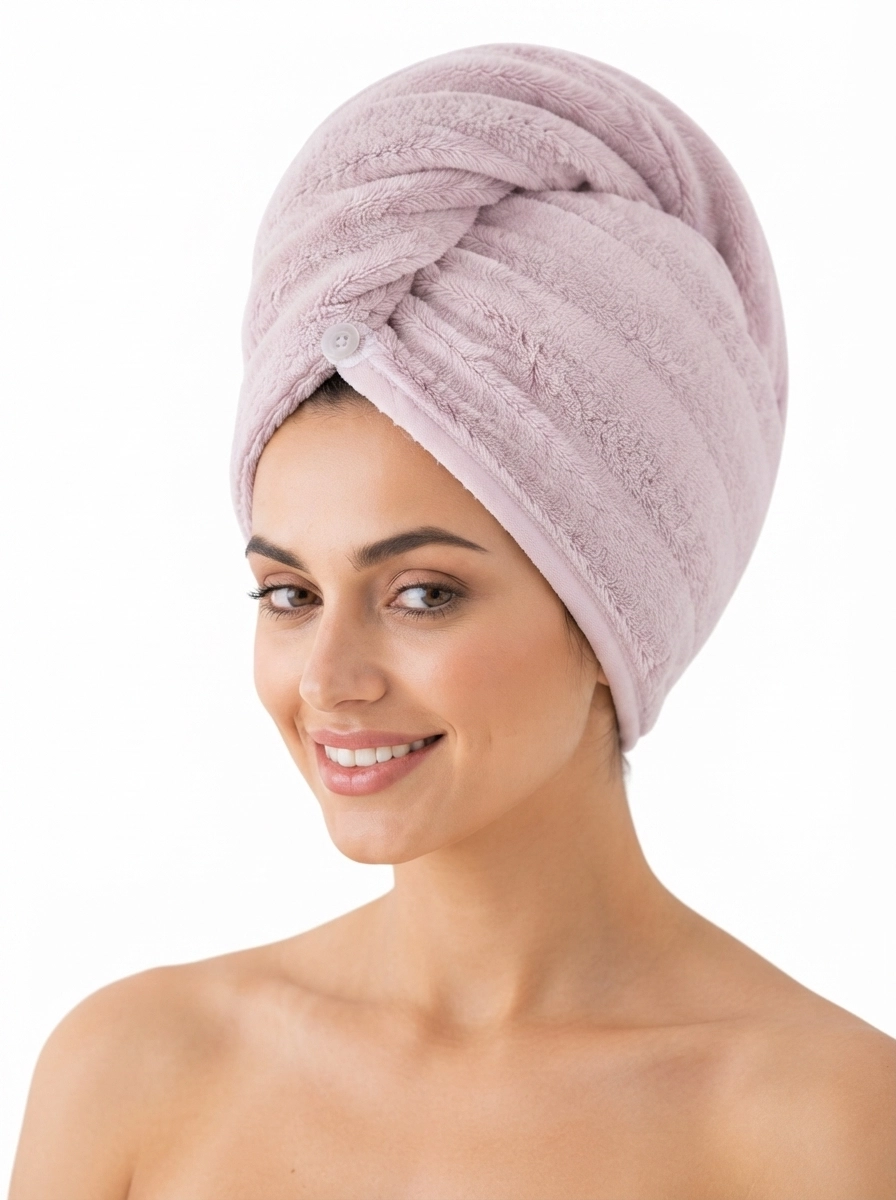Female_model_wearing_towel_202607140135 Women's Plush Coral Fleece Quick-Dry Hair Towel Wrap - Image 1