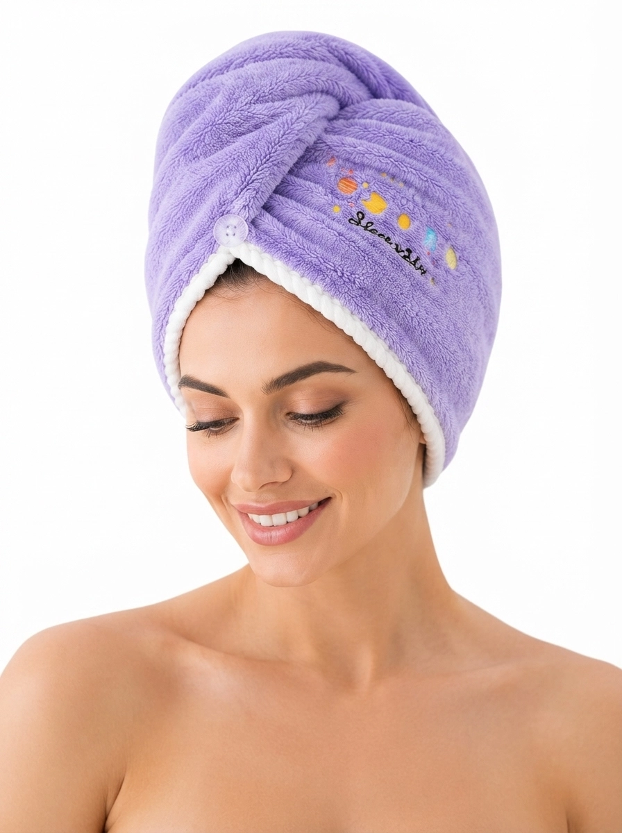Female_model_wearing_towel_202607140139 Women's Plush Space-Embroidery Quick-Dry Hair Towel Wrap - Image 1