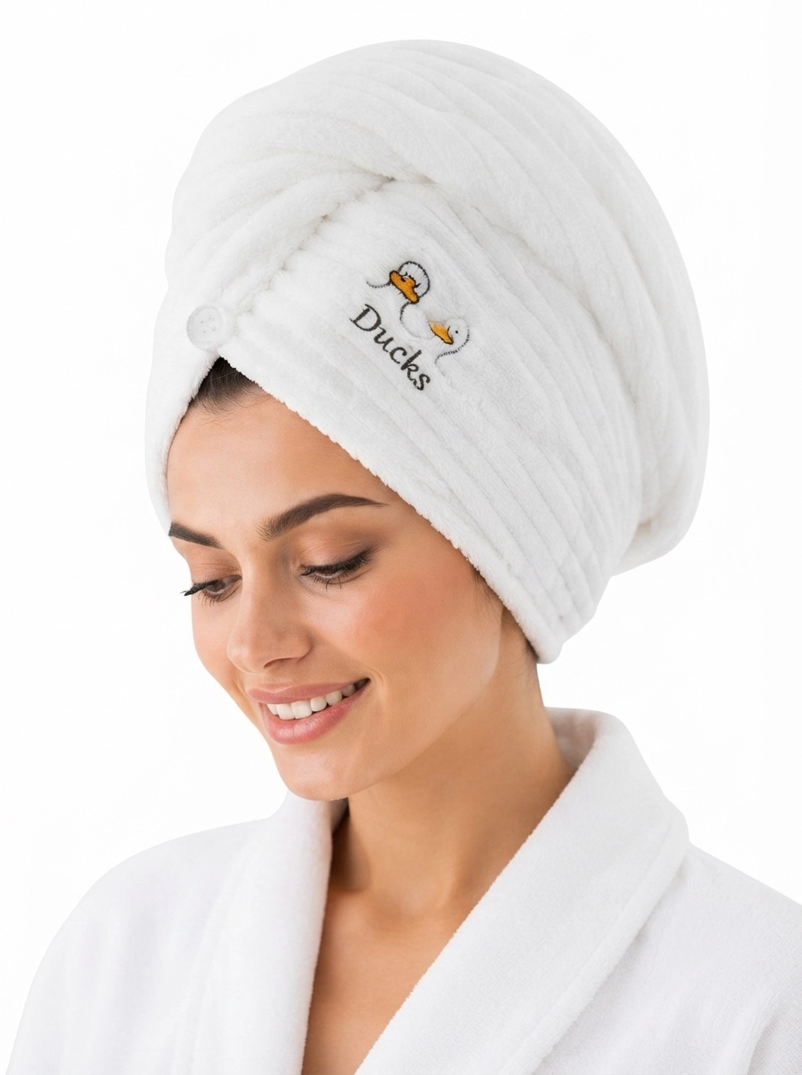 Female_model_wearing_towel_202607140145 Women's Plush Duck-Embroidery Quick-Dry Hair Towel Wrap - Image 1