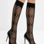 Women's Argyle Diamond Patterned Fishnet Knee-High Socks