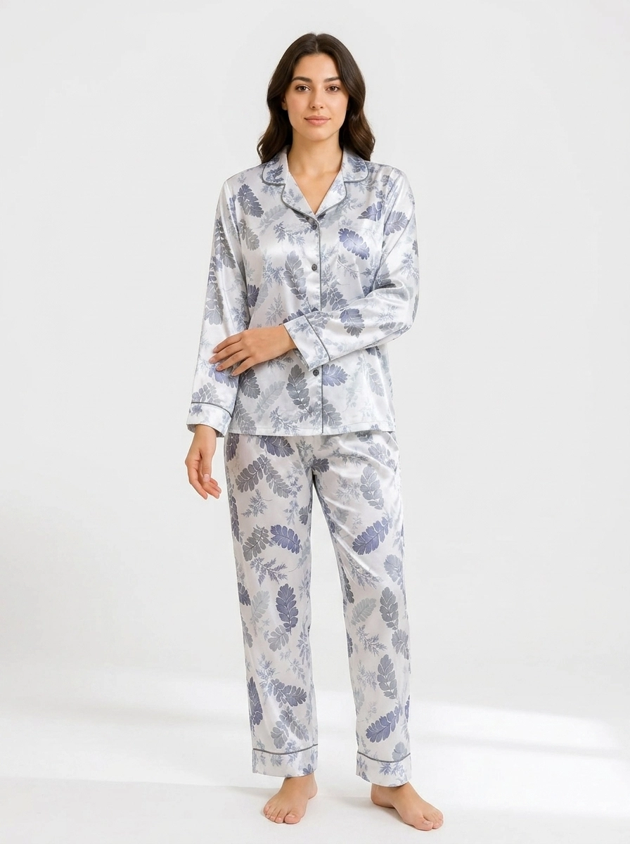 Man_standing_with_arms_crossed_202607101817 Women's Luxury Satin Fern Leaf Pajama Set - Image 1