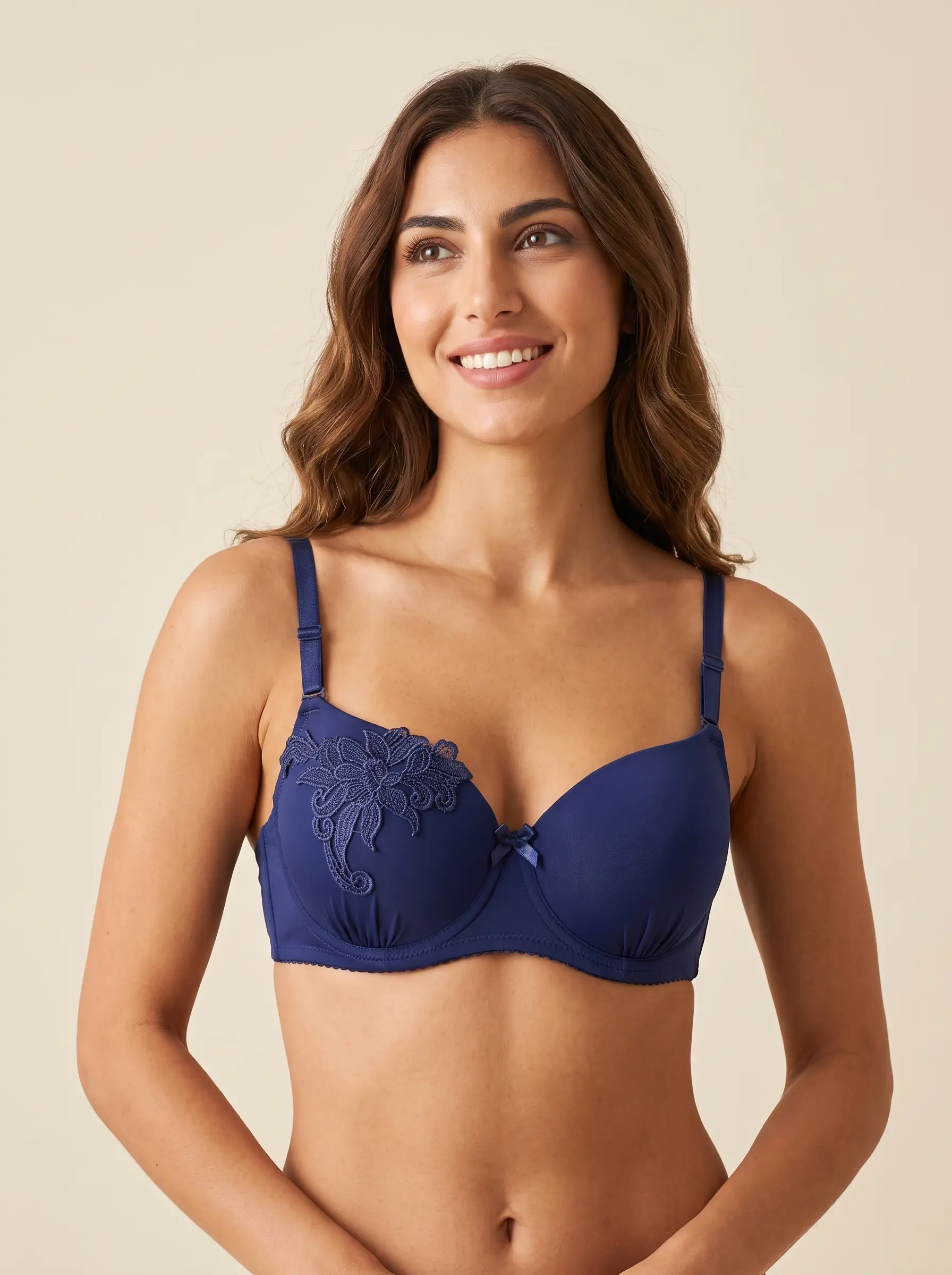 Mediterranean_woman_wearing_navy…_2K_202607040135 Denim Rose Lace Push-Up Bra - Image 1