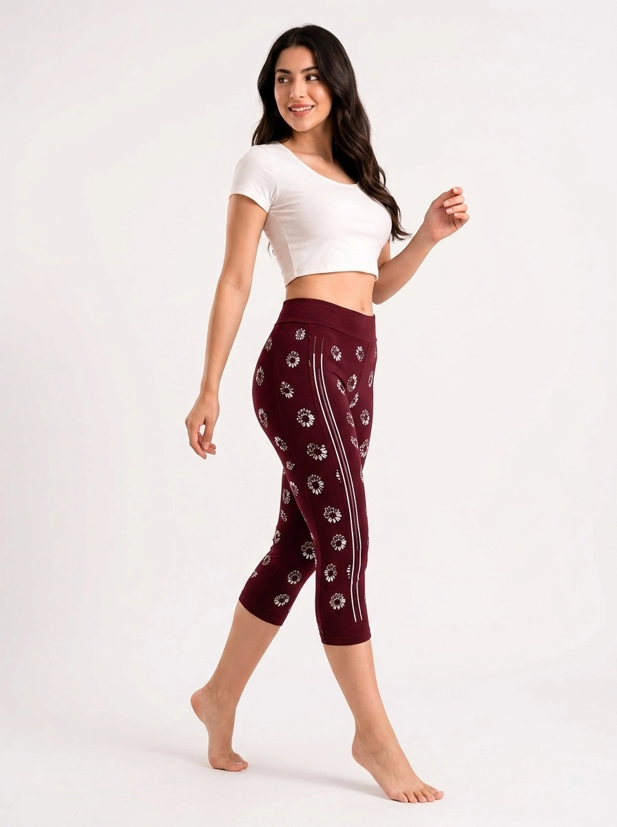 Model_in_maroon_capri_leggings_202607160145 Lady Center Daisy Print Performance Capri Leggings - Image 1