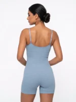 Women's Seamless Ribbed V-Neck Romper Athleisure Bodysuit - Image 2