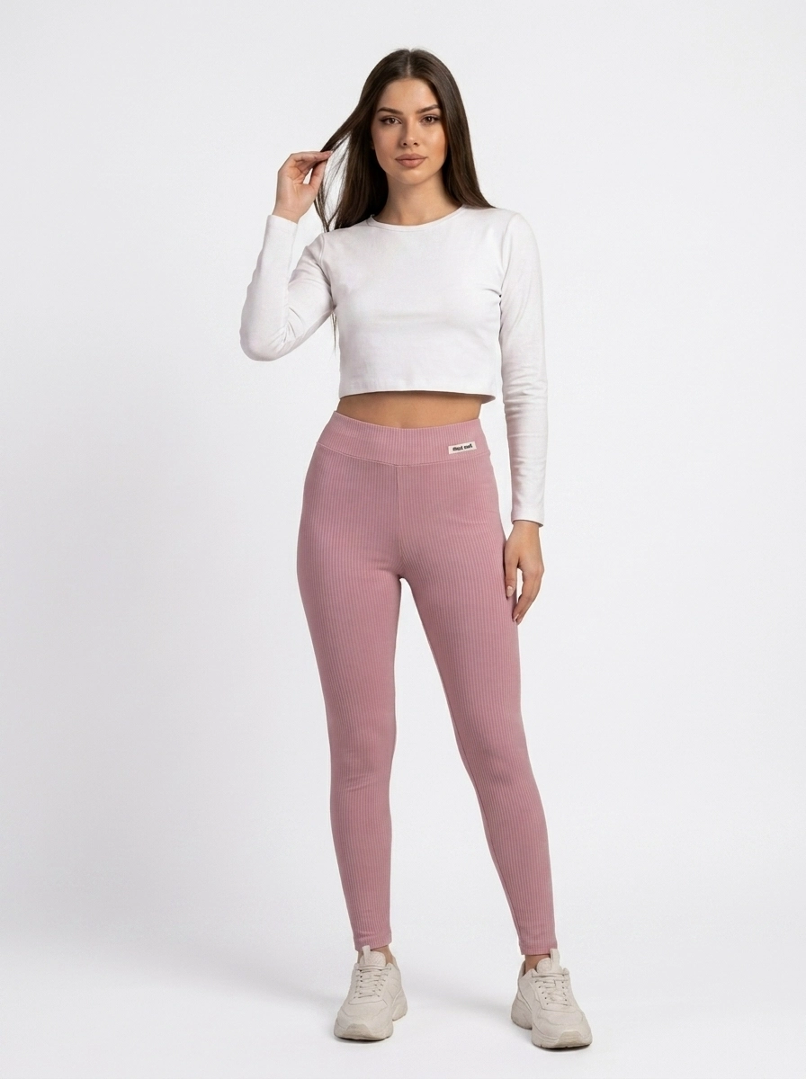 Model_wearing_crop_top_leggings_202607110155 (2) Women's High-Waisted Ribbed Knit Stretch Leggings - Image 1