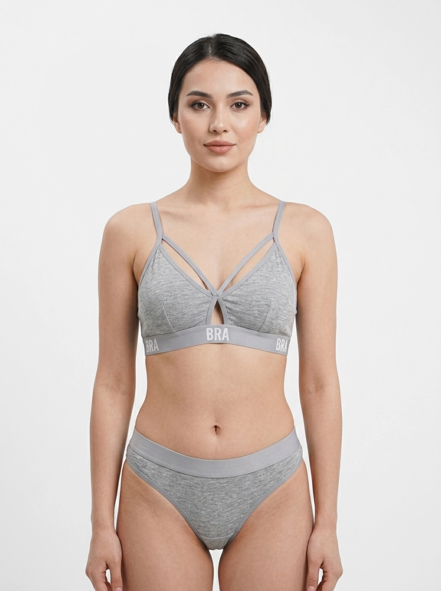Model_wearing_gray_bra_thong_202607160342 Seamless Strappy Active Lingerie Set - Image 1