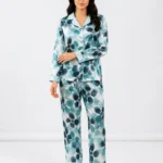 Teal retro Floral Satin Pajama Set