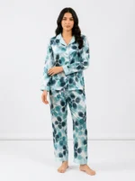 Teal retro Floral Satin Pajama Set