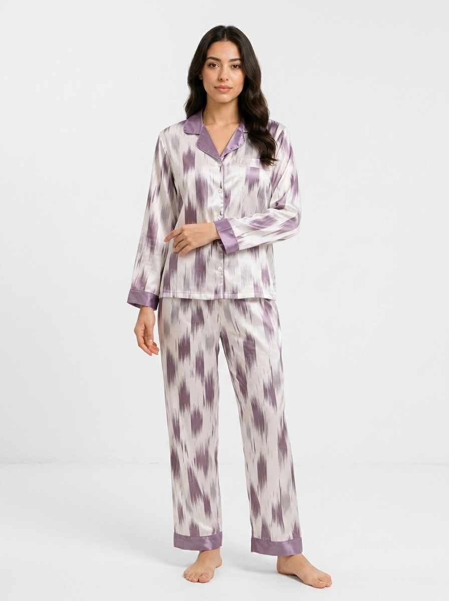 Model_wearing_pajama_set_202607160052 (2) Lavender Abstract Ikat Satin Pajama Set - Image 1