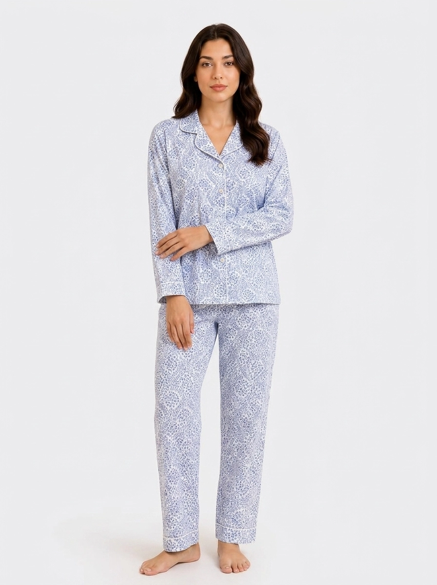 Model_wearing_pajama_set_202607160054 Cornflower Blue Damask Cotton Pajama Set - Image 1