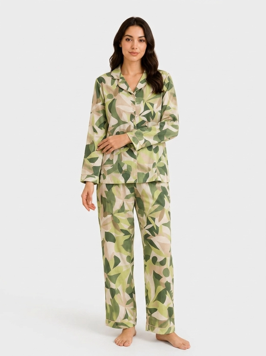 Model_wearing_pajama_set_202607160100 Sage Meadow Abstract Cotton Pajama Set - Image 1