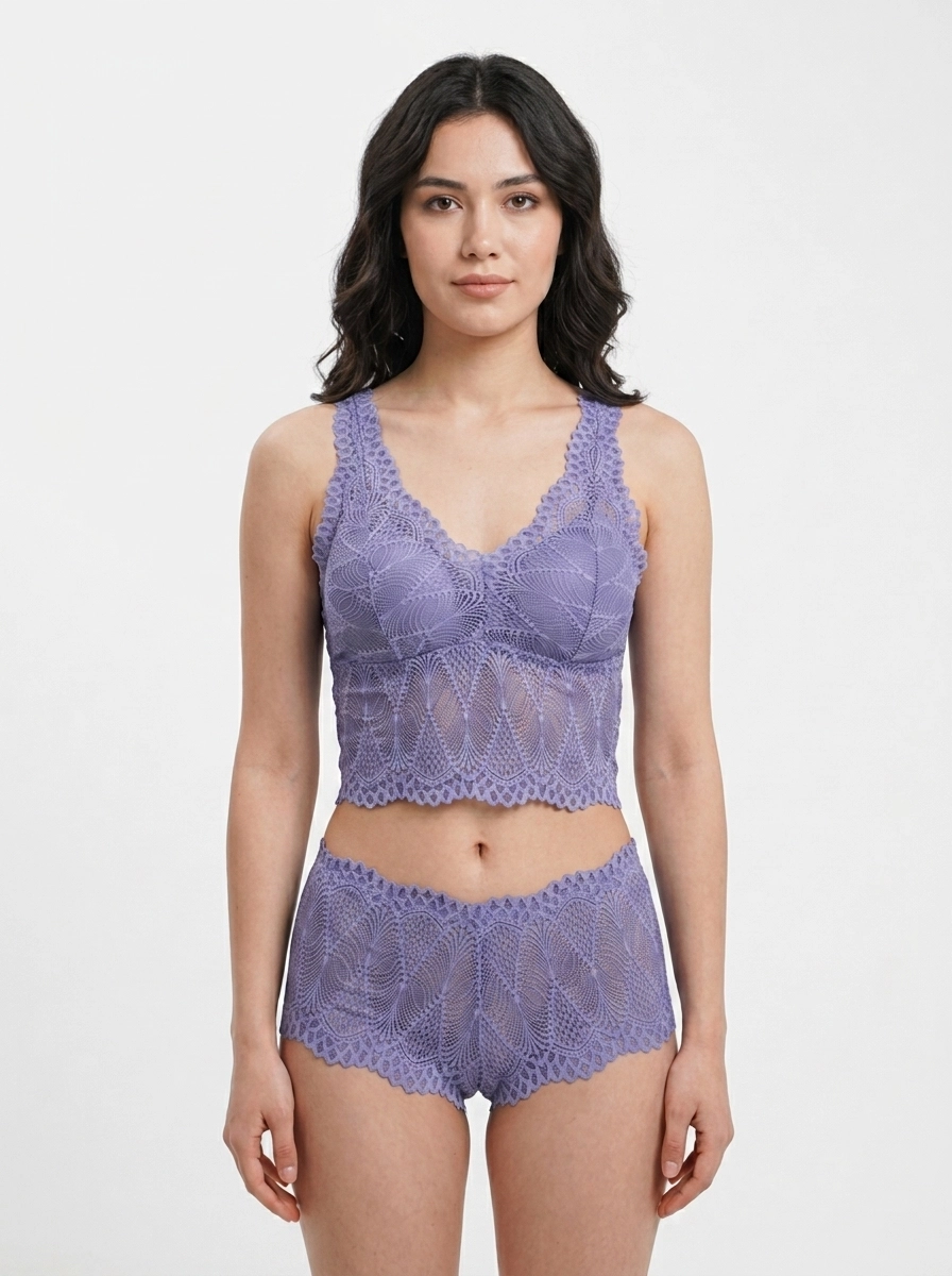 Model_wearing_purple_lingerie_202607150821 Lavender Whisper Sheer Floral Lace Lingerie Set - Image 1