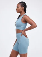 Women's Seamless Ribbed Notched-Neck Crop Top & Biker Shorts Set - Image 3