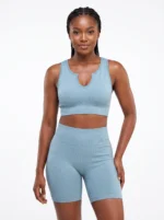 Women's Seamless Ribbed Notched-Neck Crop Top & Biker Shorts Set
