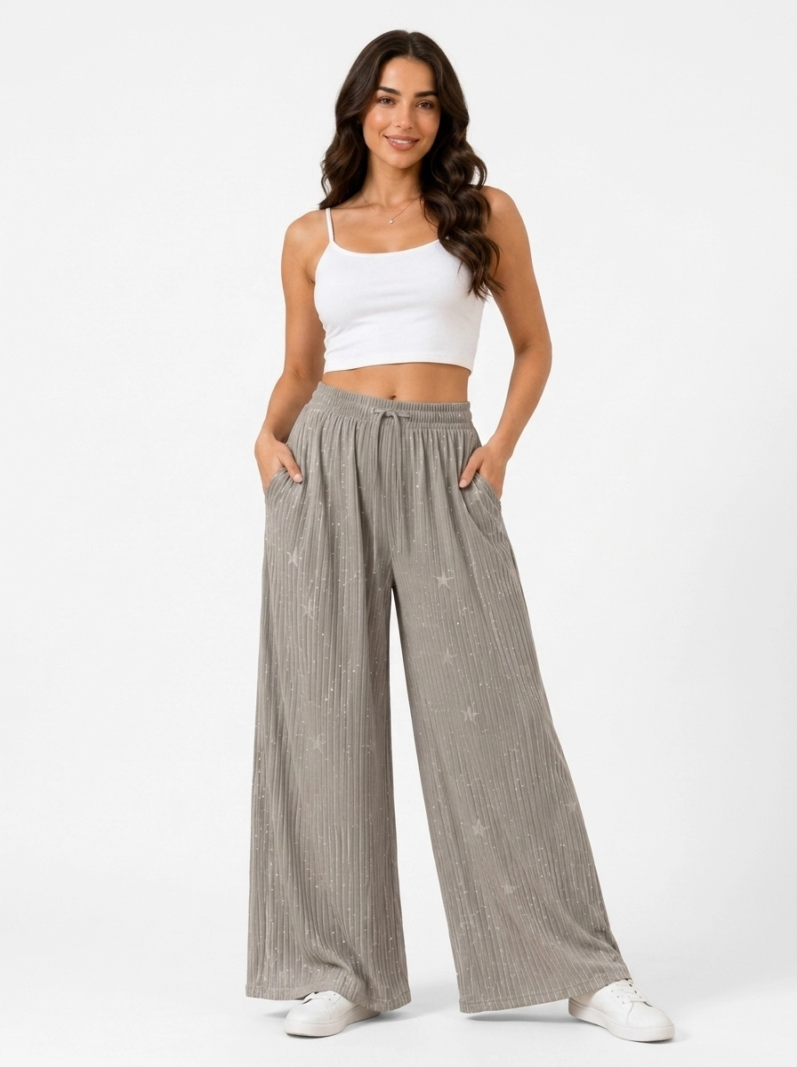 Model_wearing_star_pants_crop_202607131057 Women's Wide-Leg Shimmer Star Print Casual Trousers - Image 1