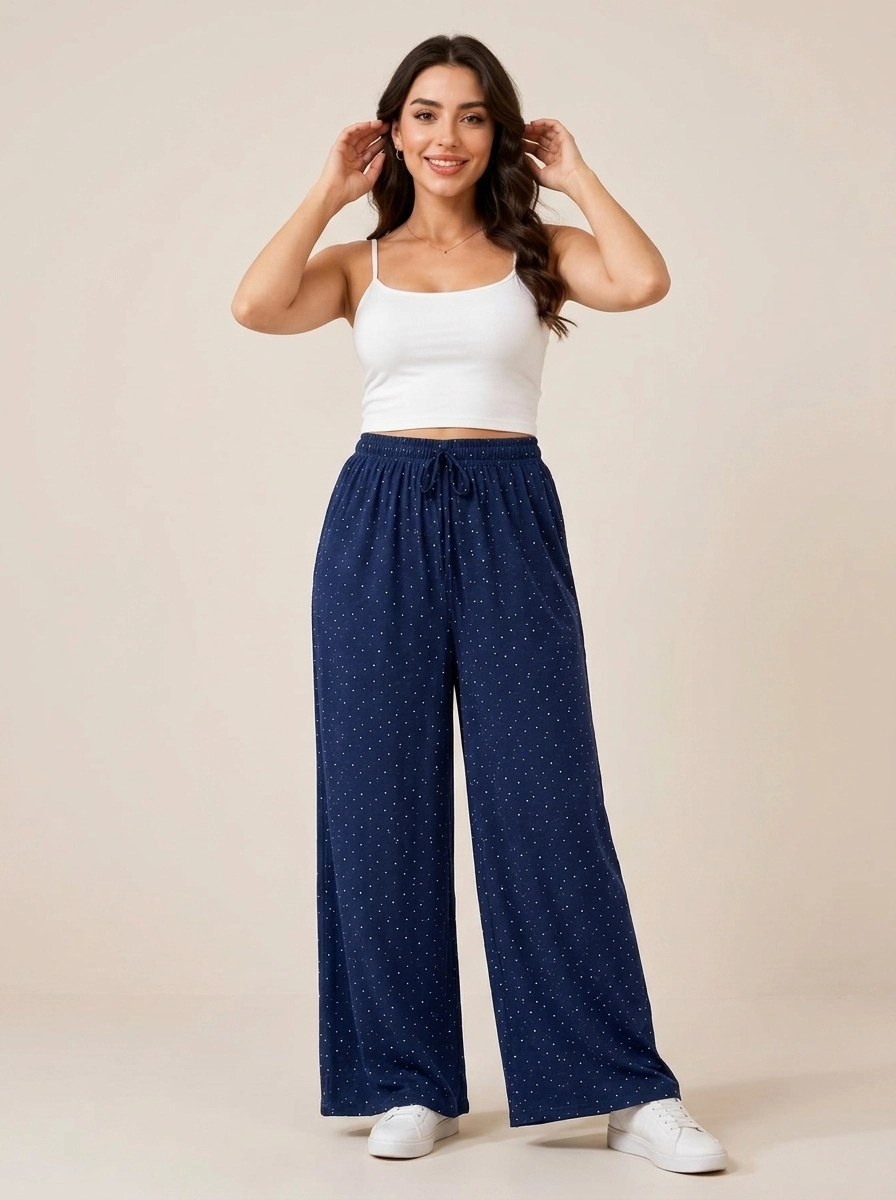 Model_wearing_tank_top_pants_202607110151 Women's Loose-Fit Polka Dot Casual Drawstring Loungewear Pants - Image 1