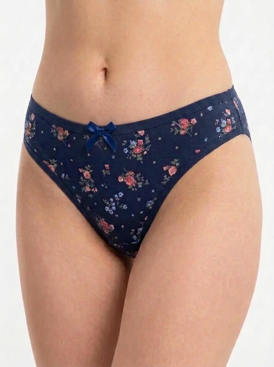 Navy_blue_underwear_floral_pattern_202608012151 Vintage Rosebud Cotton Bikini with Satin Bow - Image 1