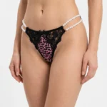 Exotic Leopard Print G-String Thong with Embroidered Lace Trim & Rhinestone Accents