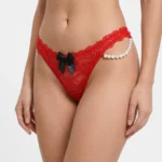 Premium Embroidered Lace Thong with Pearl Accent Strap & Contrast Bow Detail