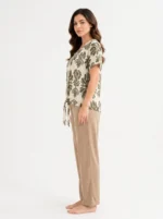 Women's Ornamental Print Front-Tie V-Neck Pajama Set - Image 3