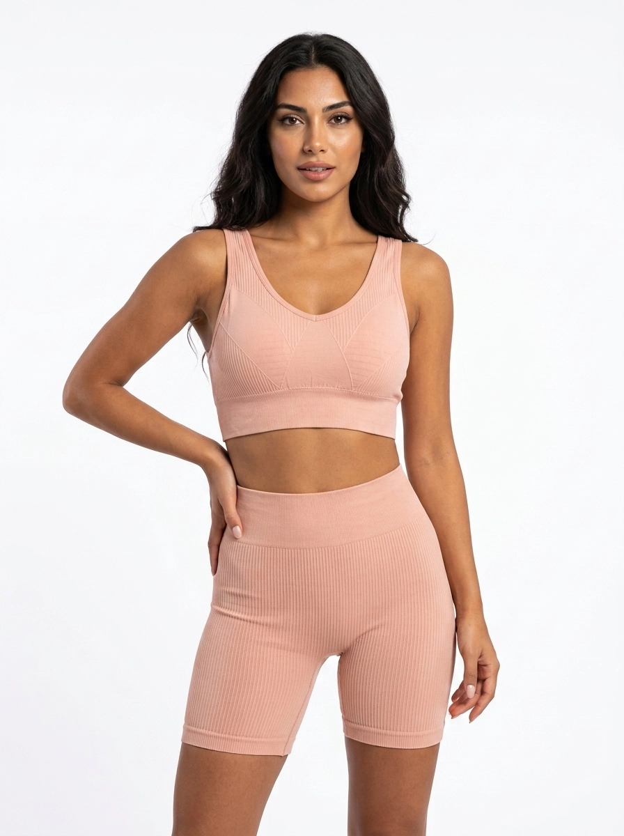 Turkish_model_front_pose_202607150825 Sunset Peach Ribbed Seamless Activewear Set - Image 1