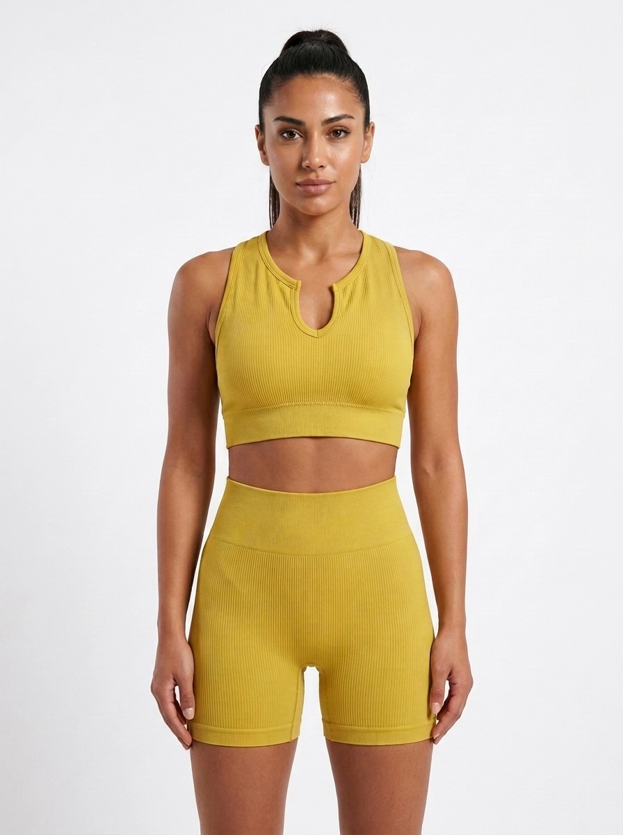 Turkish_model_wearing_yellow_spo…_202607150818 (1) Solar Mustard Ribbed Seamless Activewear Set - Image 1