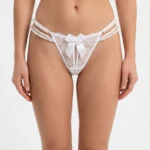 Elegant Floral Lace G-String with Polka Dot Bow & Faux Pearl Massage Strand