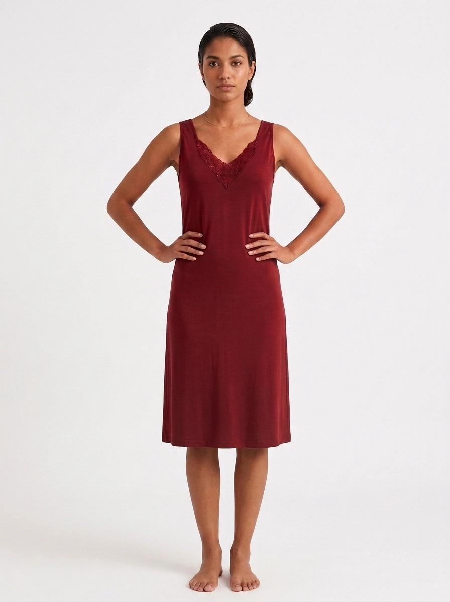 Woman_in_maroon_dress_202607101916 Women's Cotton Lace-Trim V-Neck Sleeveless Nightgown Slip - Image 1