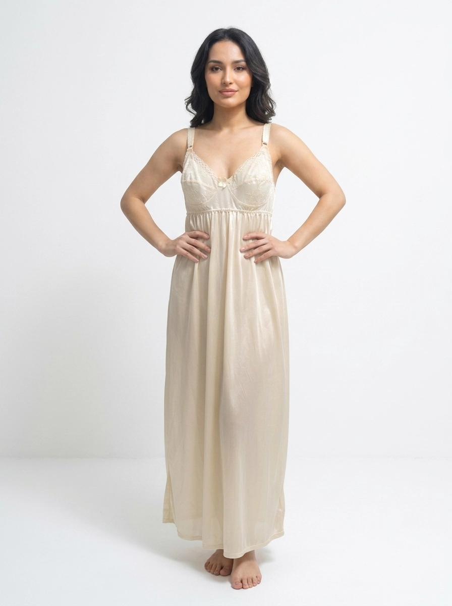 Woman_in_nightgown_at_waist_202607101921 Women's Luxury Satin Lace-Trim Maxi Nightgown Slip - Image 1