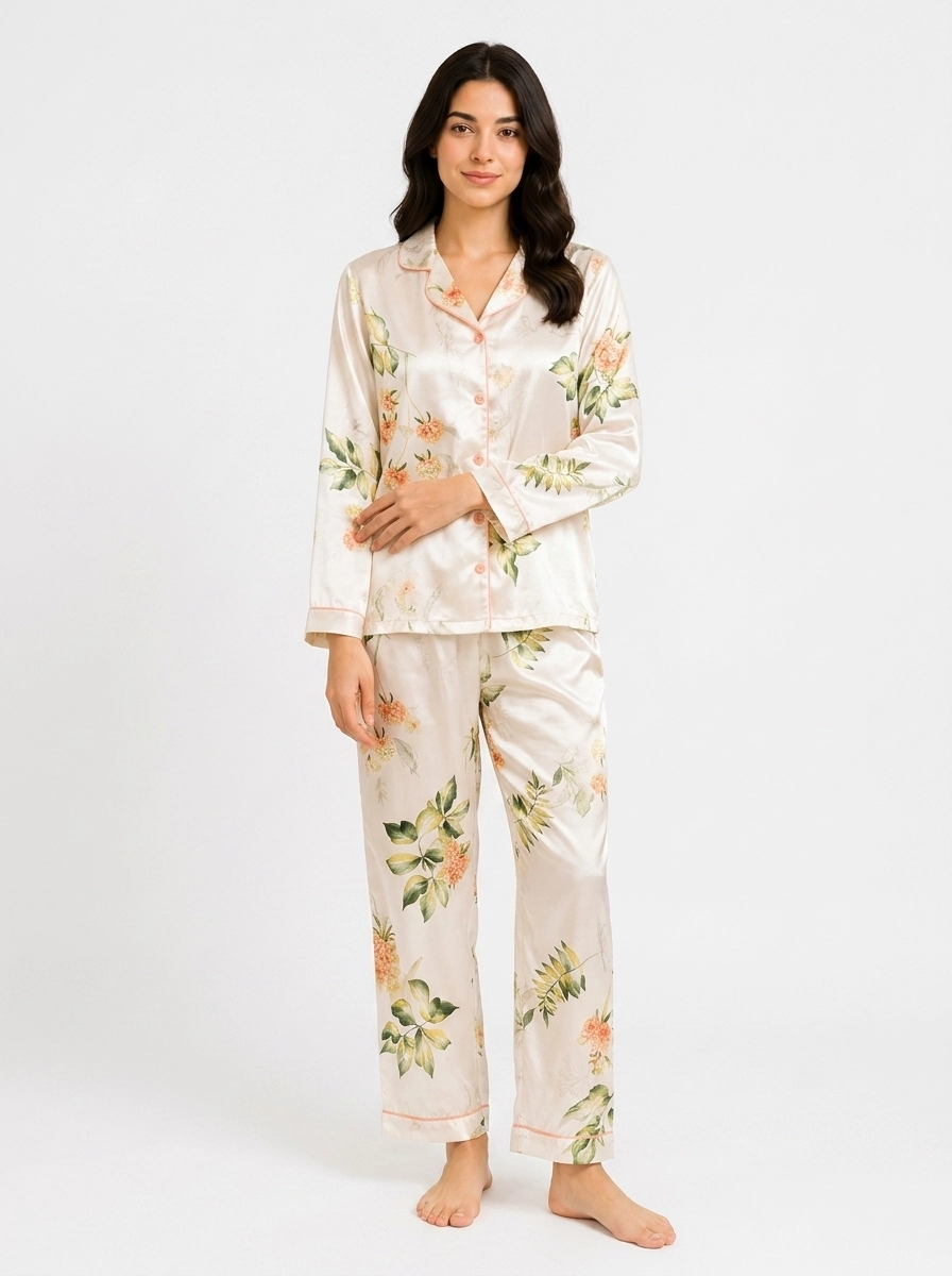 Woman_in_pajama_set_202607101820 طقم بيجاما نسائي فاخر من الساتان بنقشة زهور نباتية - الصورة 1