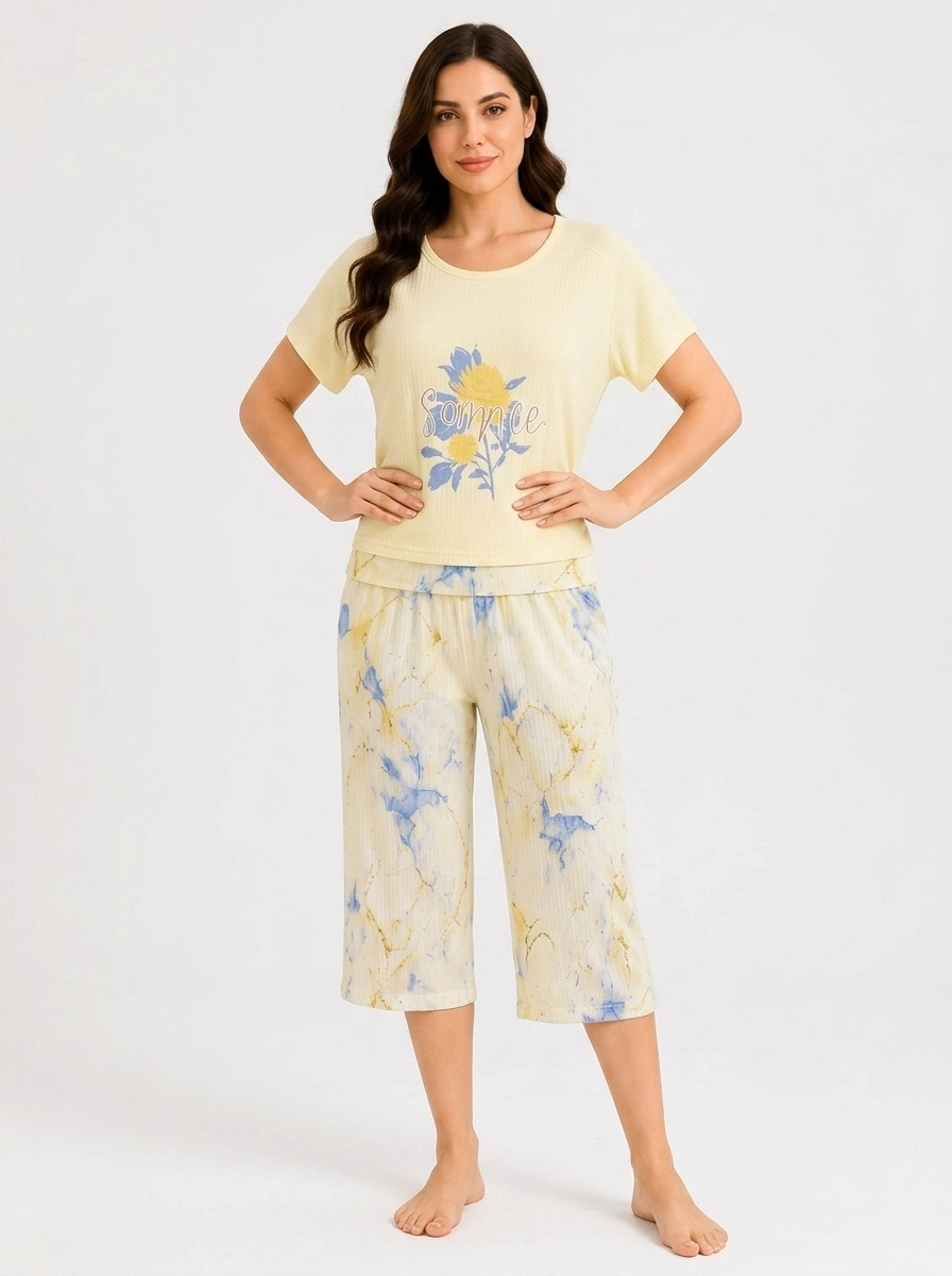 Woman_in_pajama_set_202607101828 Women's Sunflower Graphic Ribbed Pajama Set - Image 1