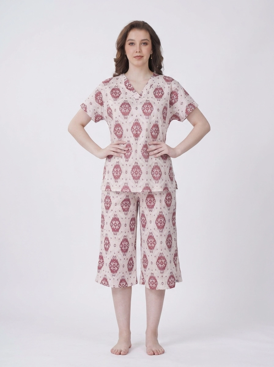 Woman_in_pajama_set_202607101900 (1) Women's Luxury Cotton-Blend Ikat Print V-Neck Pajama Set - Image 1