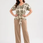 Women's Ornamental Print Front-Tie V-Neck Pajama Set