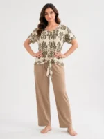 Women's Ornamental Print Front-Tie V-Neck Pajama Set