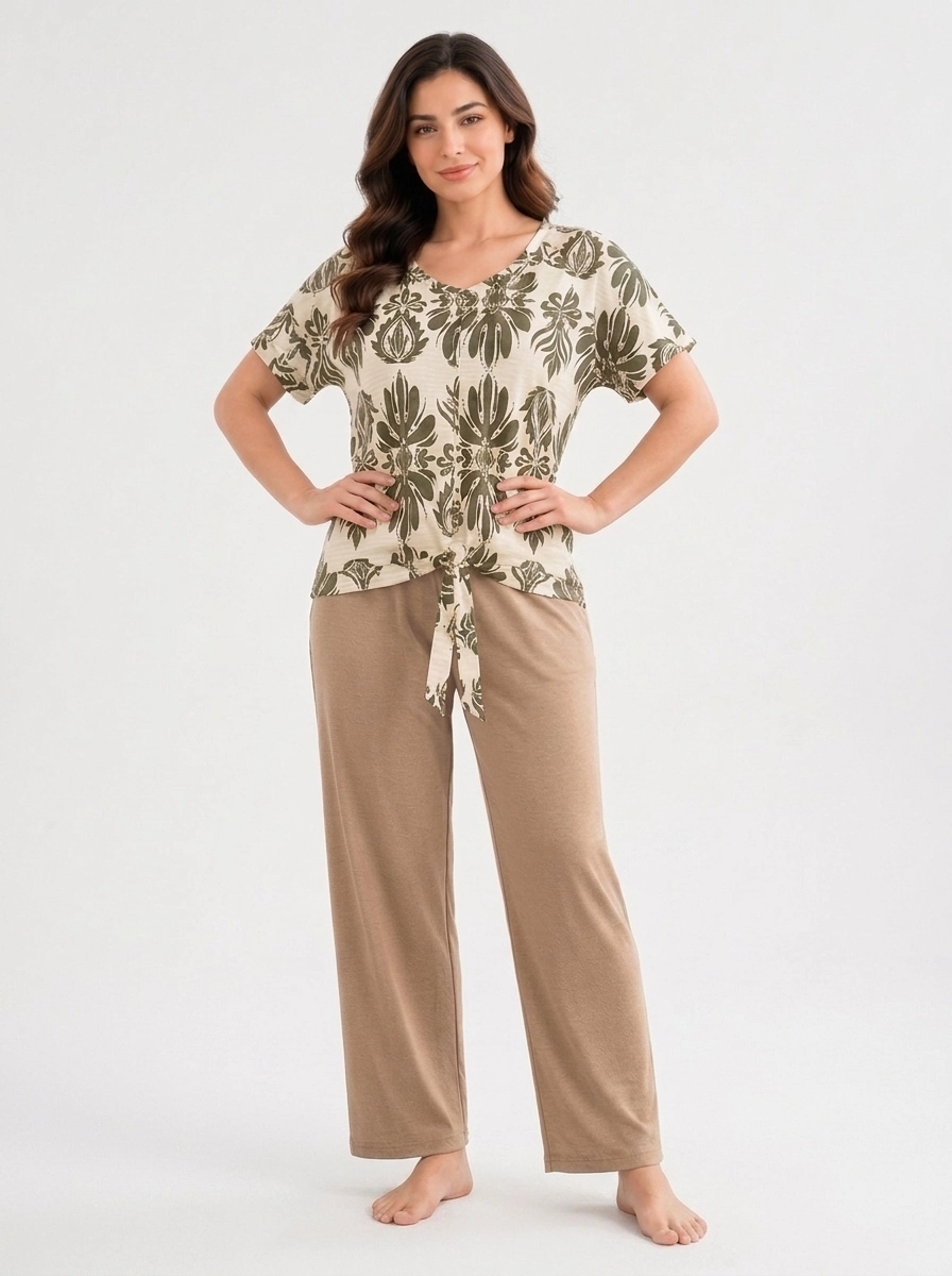 Woman_in_pajama_top_pants_202607101839 (1) Women's Ornamental Print Front-Tie V-Neck Pajama Set - Image 1