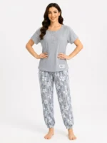 Women's Floral Print Henly Neck Ribbed Pajama Set