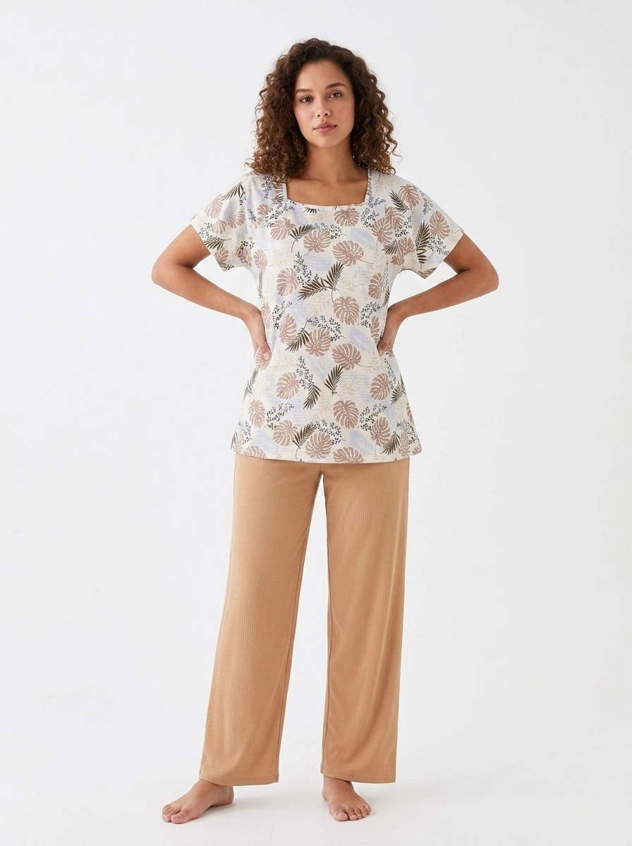 Woman_in_pajama_top_pants_202607101910 Women's Tropical Monstera Leaf Square-Neck Pajama Set - Image 1