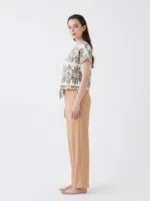 Women's Ornamental Print Front-Tie V-Neck Pajama Set - Image 3