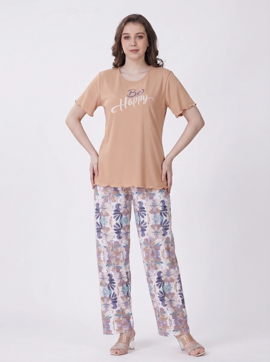 Woman_in_peach_t-shirt_pajama_202607101903 (1) Women's "Be Happy" Graphic Flutter-Sleeve Pajama Set - Image 1