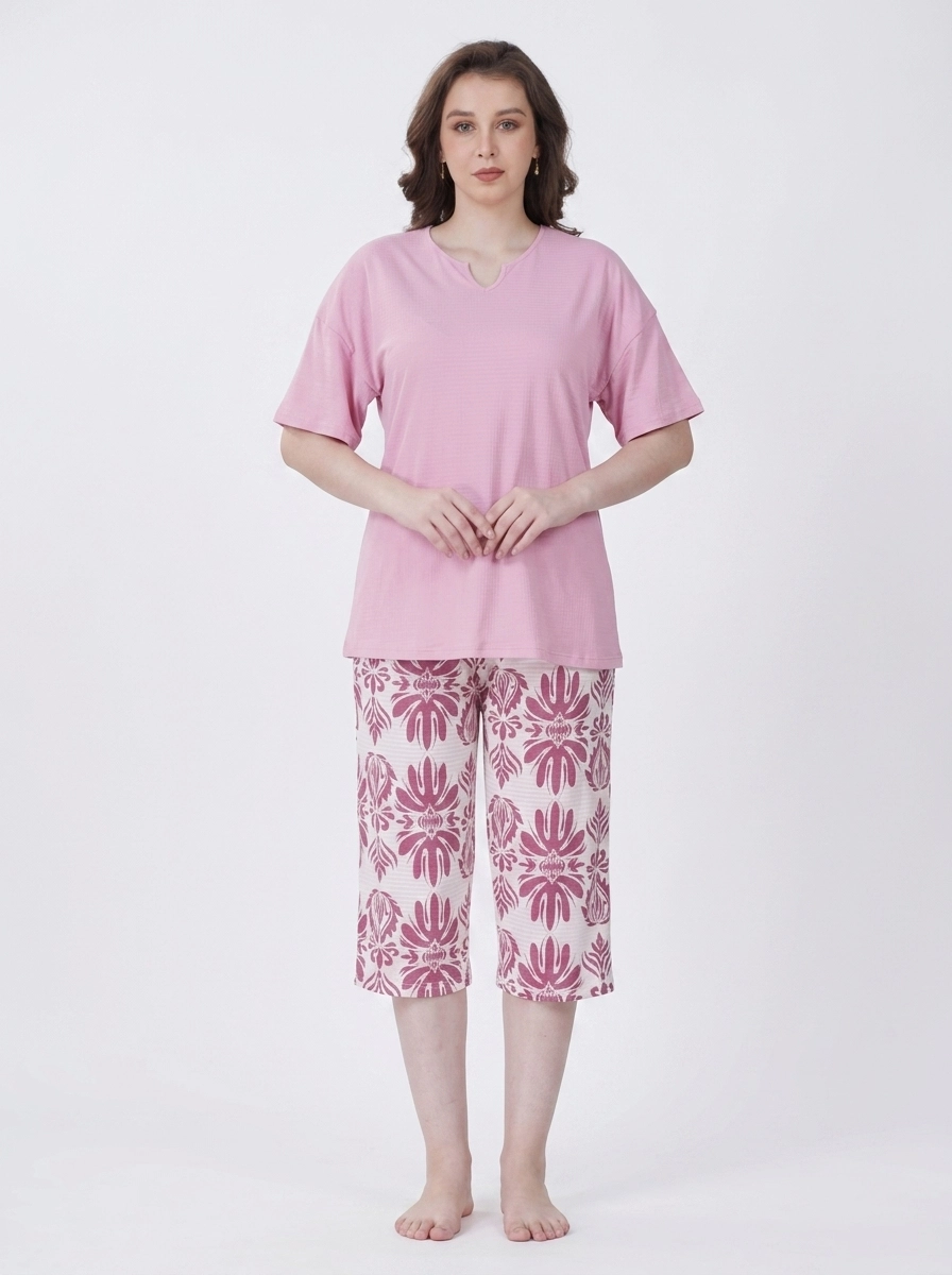 Woman_in_pink_t-shirt_202607101907 (1) Women's Ornamental Print Split-Neck Pajama Set - Image 1
