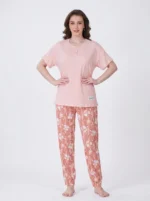 Women's Floral Print Henley Neck Ribbed Pajama Set