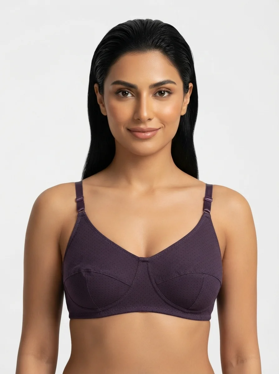 Woman_in_polka_dot_bra_202607170704 Women's Fine Cotton Multi-Part Seamed Bra with Swiss Polka Dot Print - Image 1