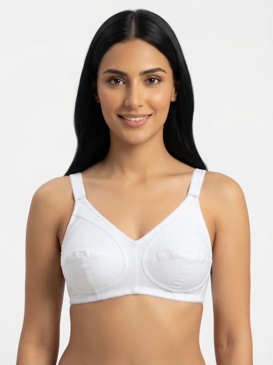 Woman_in_white_bra_202607170704_4 Women's Wire-Free High-Support Seamed Bra with Breathable Mesh Upper Panels - Image 1