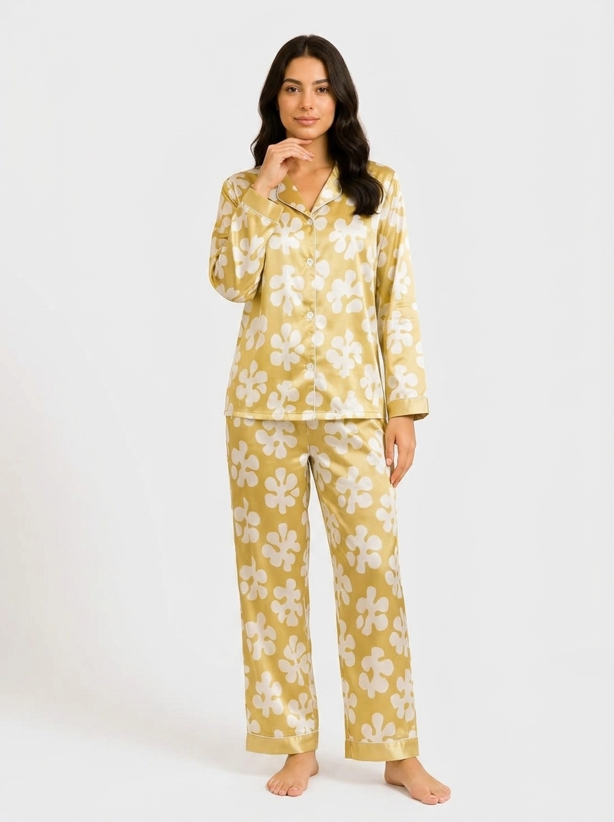 Woman_in_yellow_satin_pajama_202607101810 (1) Women's Luxury Satin Floral Pajama Set - Image 1